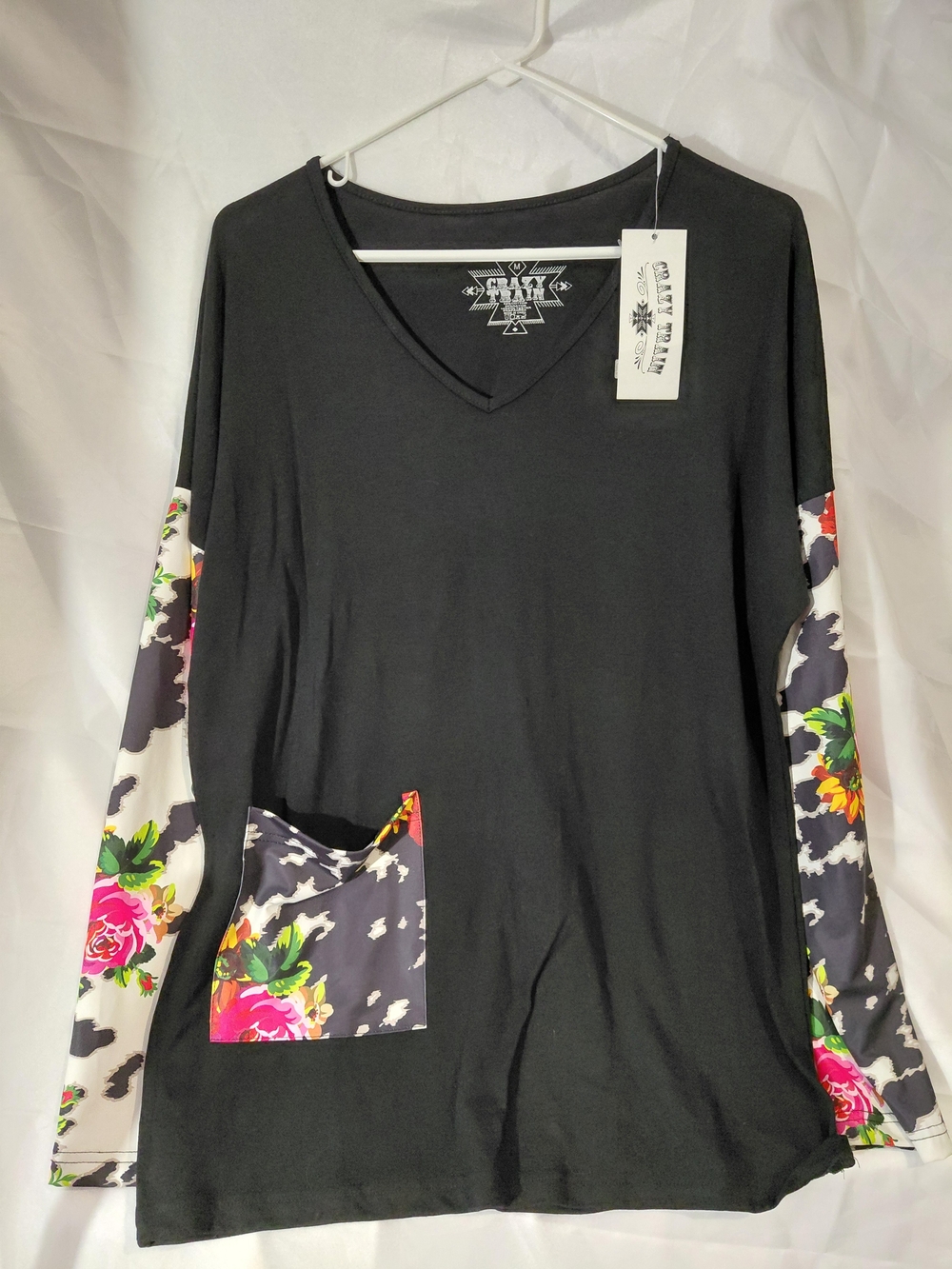Crazy Train Black V-Neck Long Sleeve Top with Floral Accent Sleeves